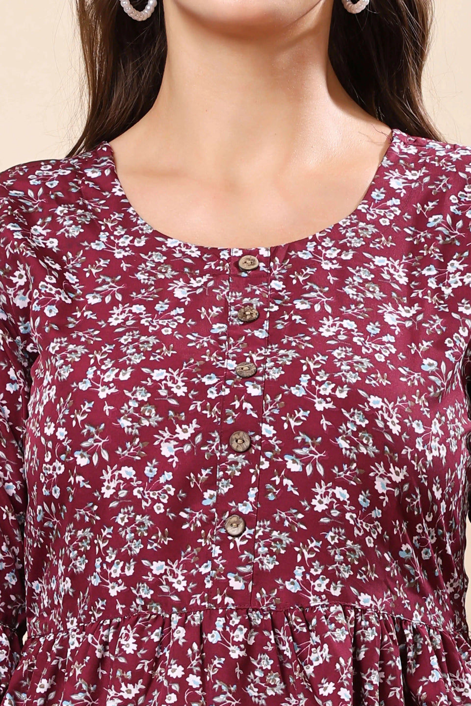 Side View of Rabric Maroon Floral Crepe Kurti with Designer Sleeves