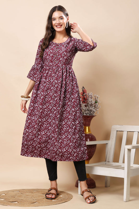 Rabric Premium Maroon Floral Long Kurti for Women – Front View