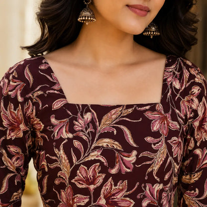 Closeup of square neck design on Rabric maroon floral print cotton short top for women with elegant floral botanical pattern.
