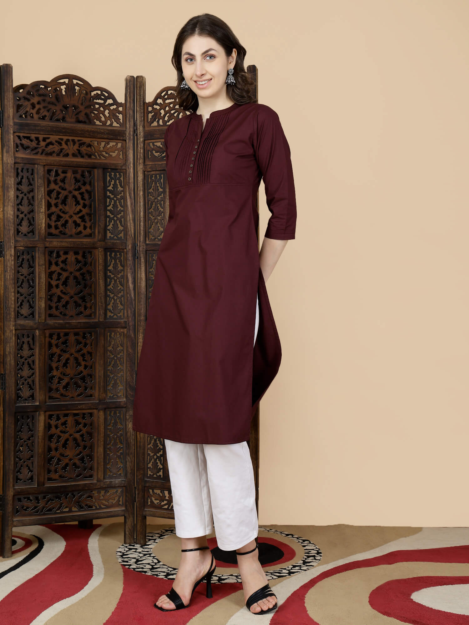 Maroon Kurti Styled with White Palazzo Pants for Women