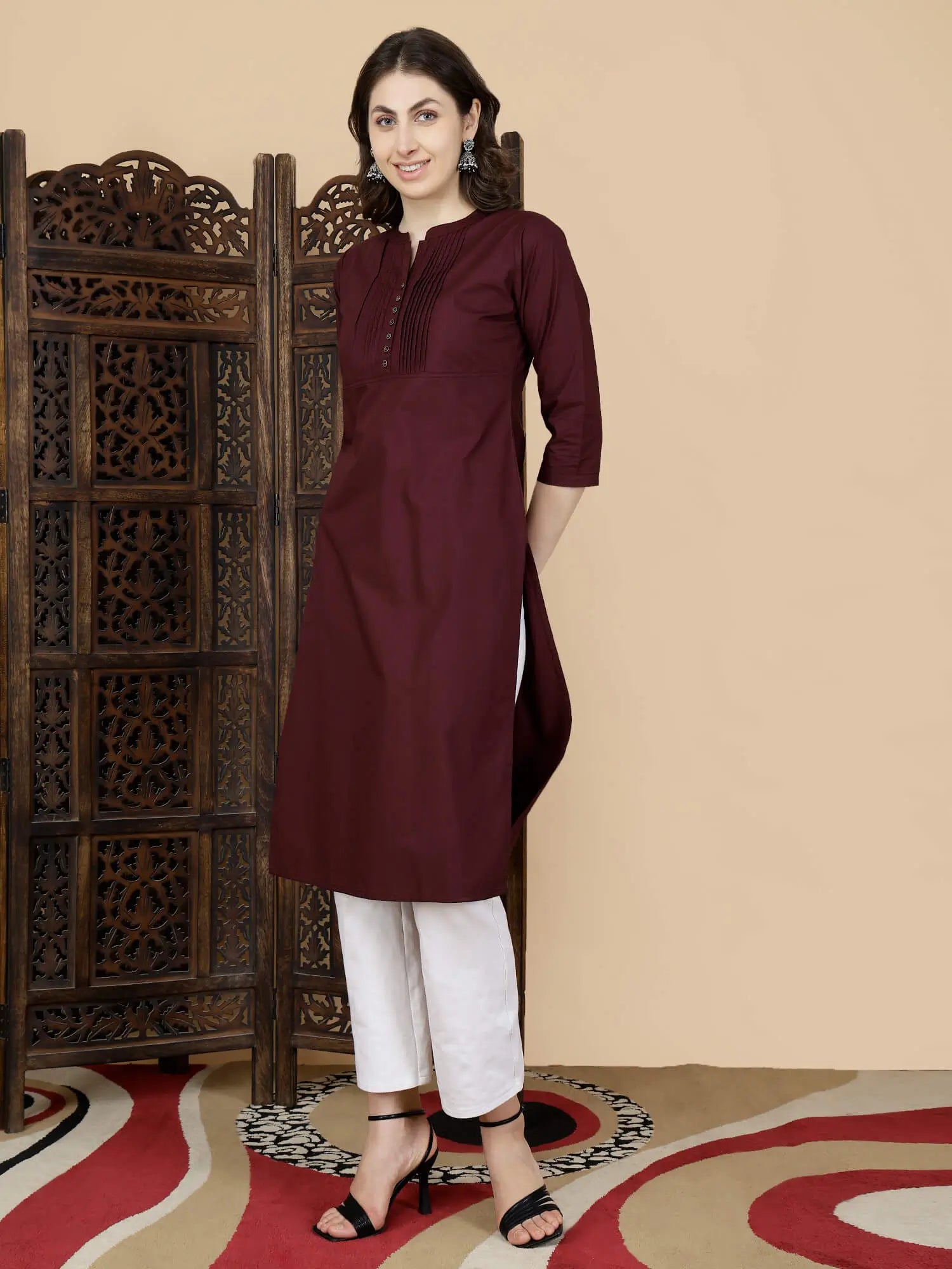 Side View of Maroon Poplin Cotton Kurti with Pintuck Detailing