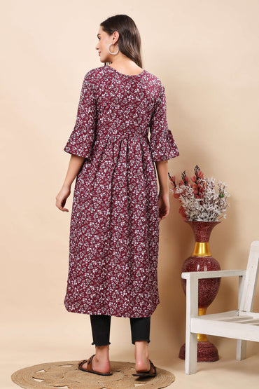 Back View of Premium Maroon Floral Long Kurti by Rabric