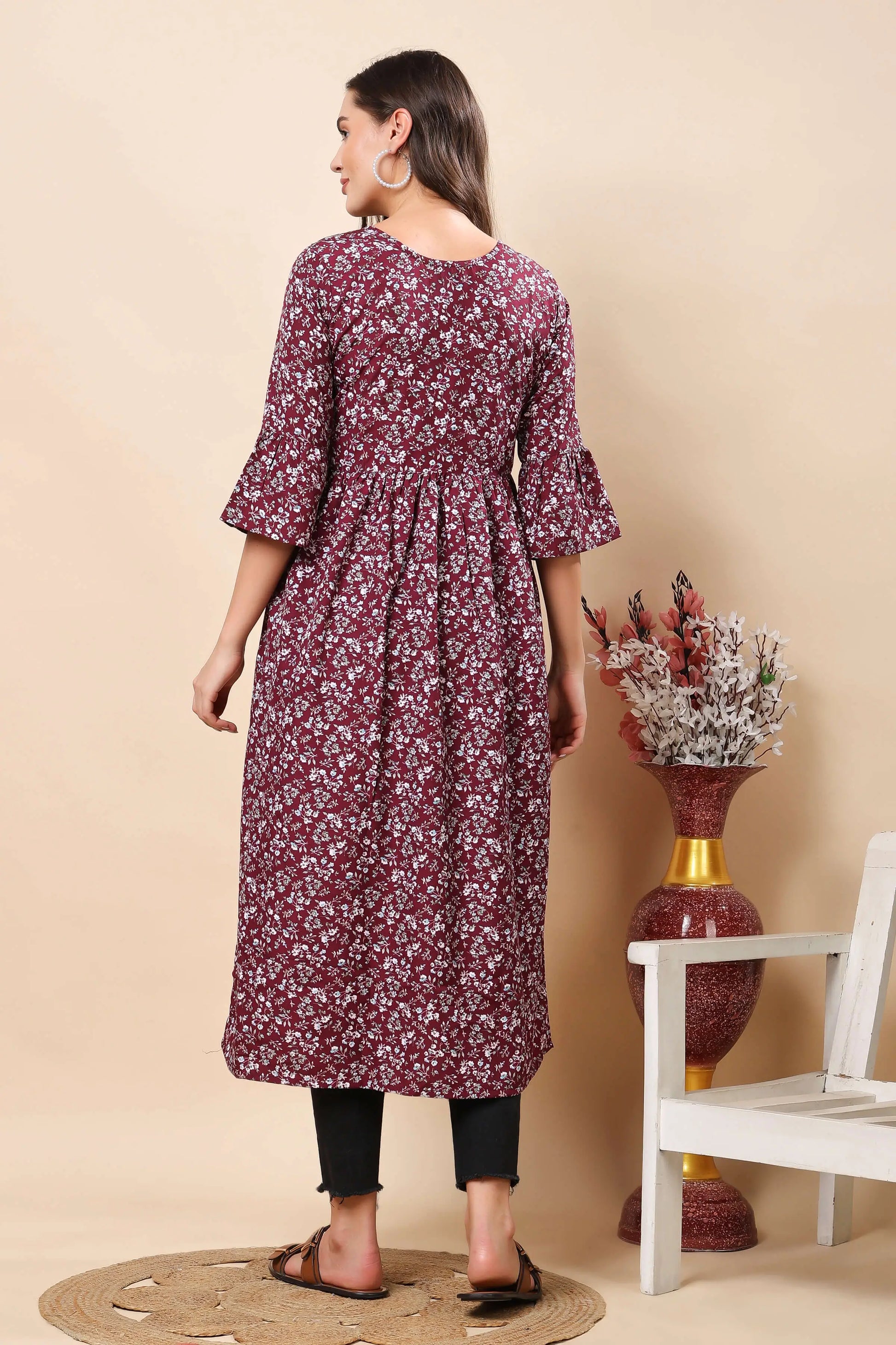 Back View of Premium Maroon Floral Long Kurti by Rabric