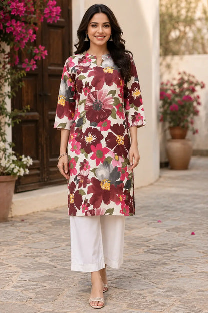 Rabric women maroon pink floral cotton kurti front view with stylish neck design and 3-4 sleeves