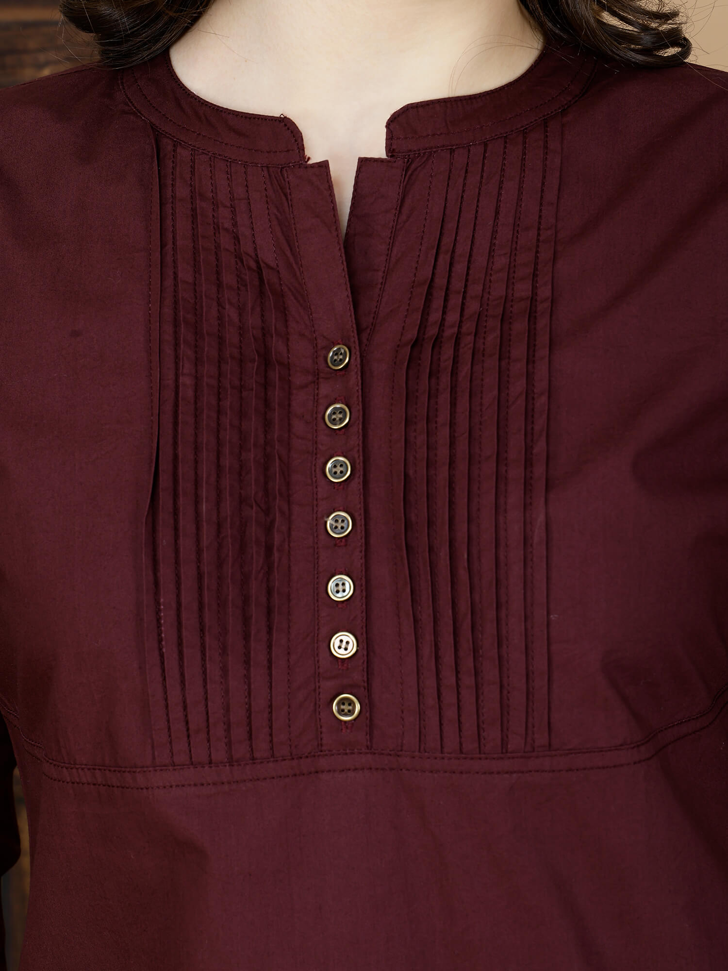 Side View of Maroon Poplin Cotton Kurti with Pintuck Detailing