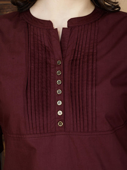 Side View of Maroon Poplin Cotton Kurti with Pintuck Detailing