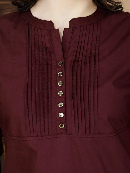 Close-up of Pintuck Design on Maroon Cotton Kurti Neckline