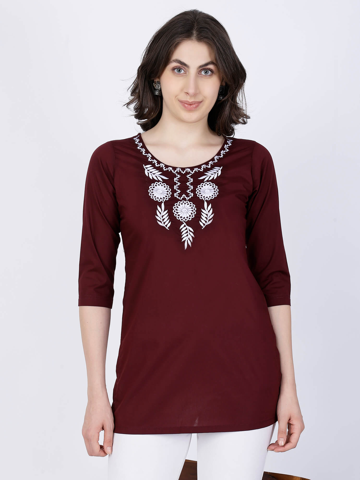 Rabric Maroon Poplin Cotton Short Kurti Front View – Women’s Embroidered Kurti
