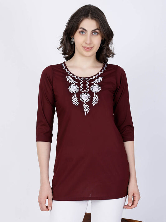 Rabric Maroon Poplin Cotton Short Kurti Front View – Women’s Embroidered Kurti