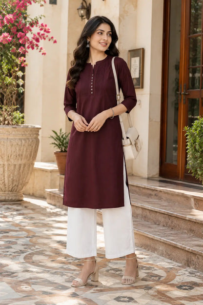 Rabric maroon popline cotton casual women kurti lifestyle look with stylish palazzo pants and minimal accessories
