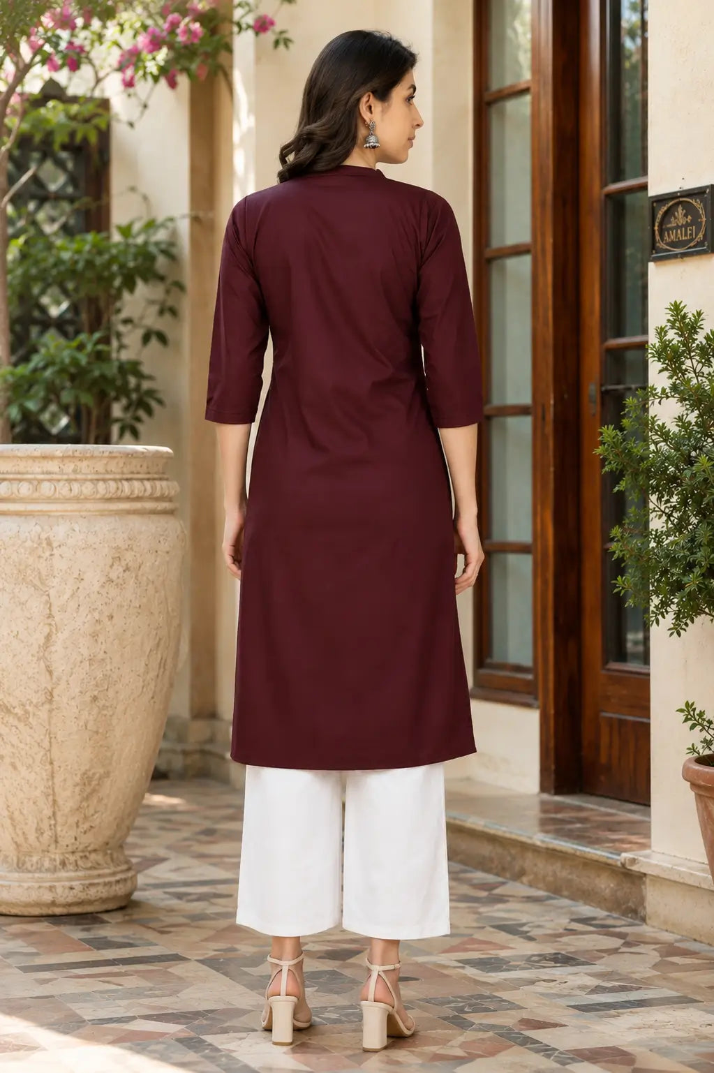 Back view of Rabric maroon popline cotton long kurti for women with straight fit and elegant ethnic styling