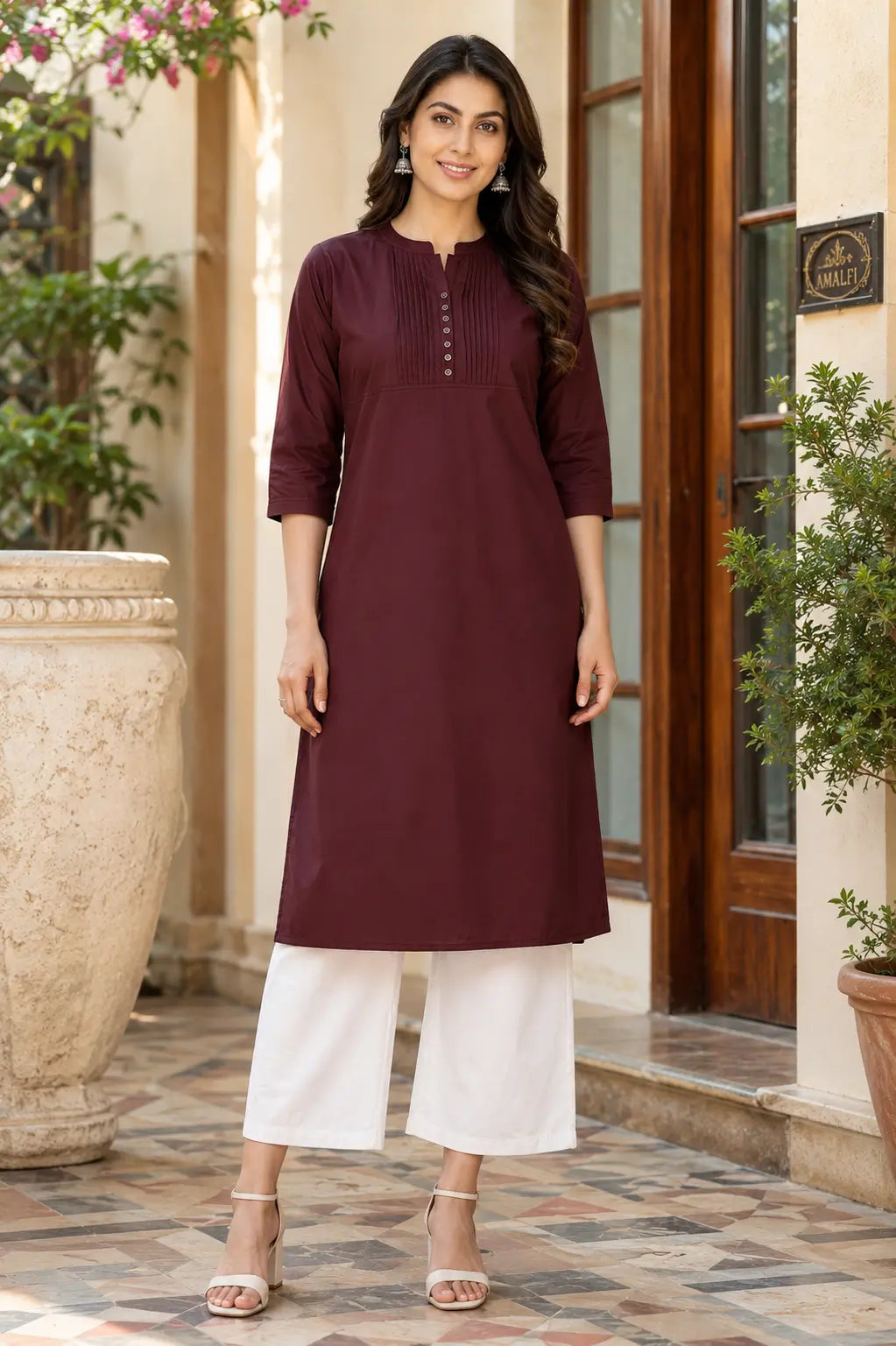Rabric maroon popline cotton women kurti front view with stylish neck design and 3/4 sleeves ethnic casual wear for women