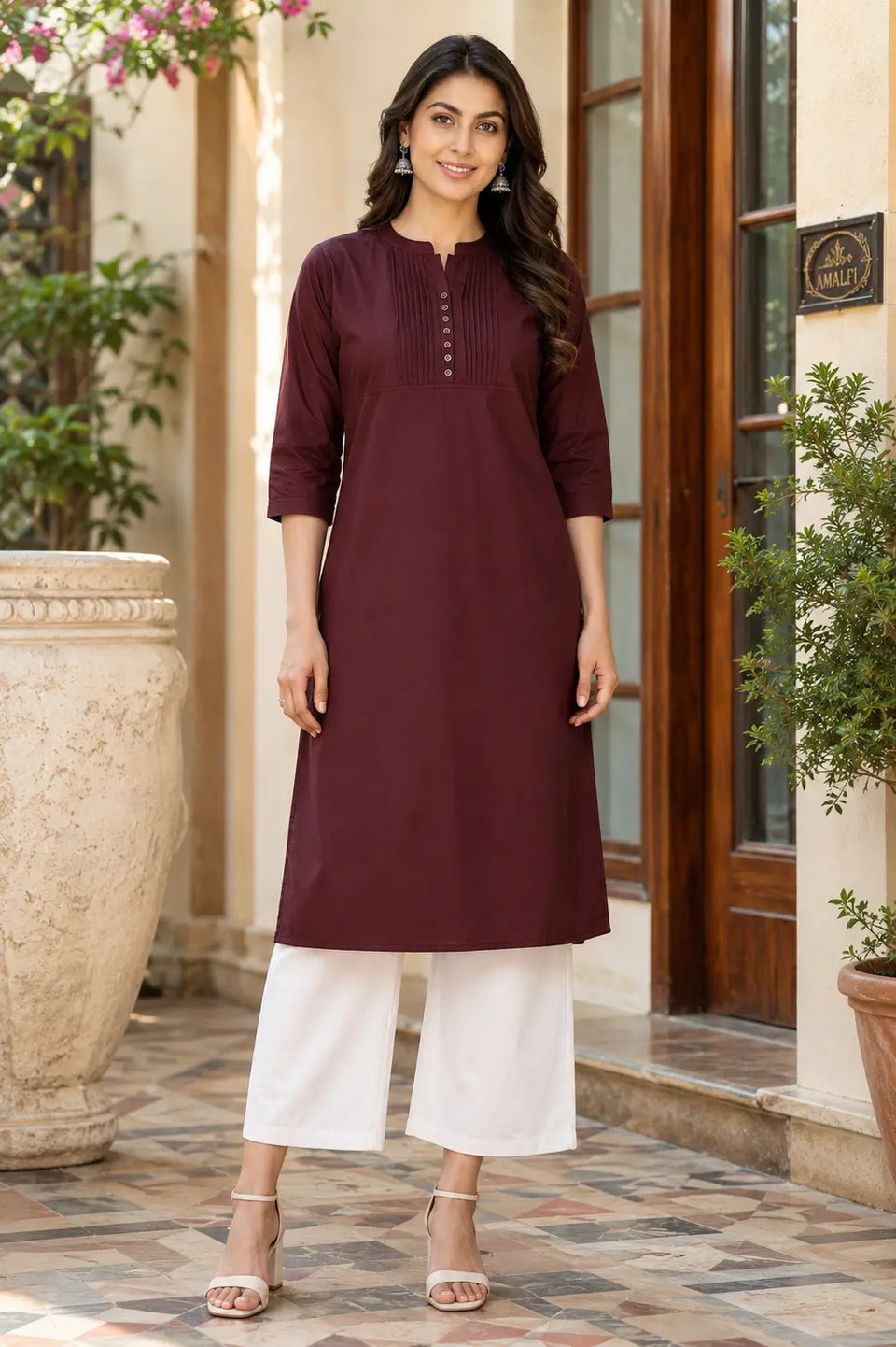Rabric maroon popline cotton women kurti front view with stylish neck design and 3/4 sleeves ethnic casual wear for women