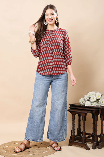 Rabric Women’s Premium Maroon Printed Short Top – Front View