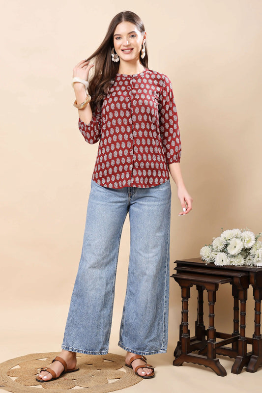 Rabric Women’s Premium Maroon Printed Short Top – Front View