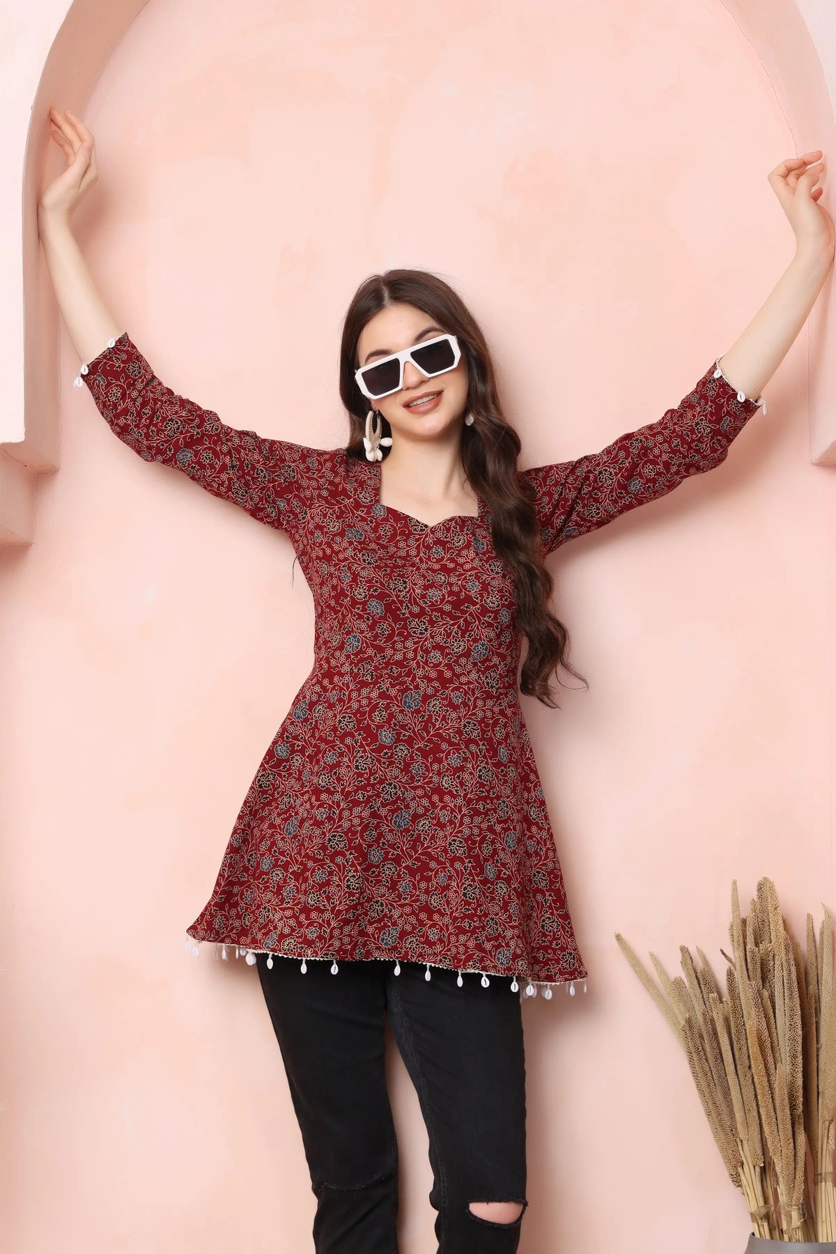 RABRIC maroon pure cotton flared short kurti for women styled with black bottoms for an everyday look