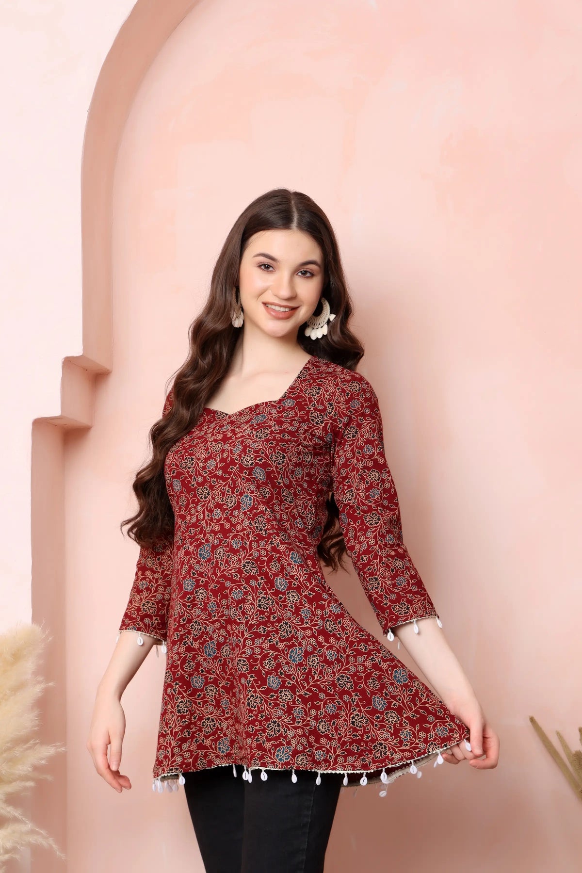 RABRIC maroon pure cotton floral short kurti for women side view with flared silhouette