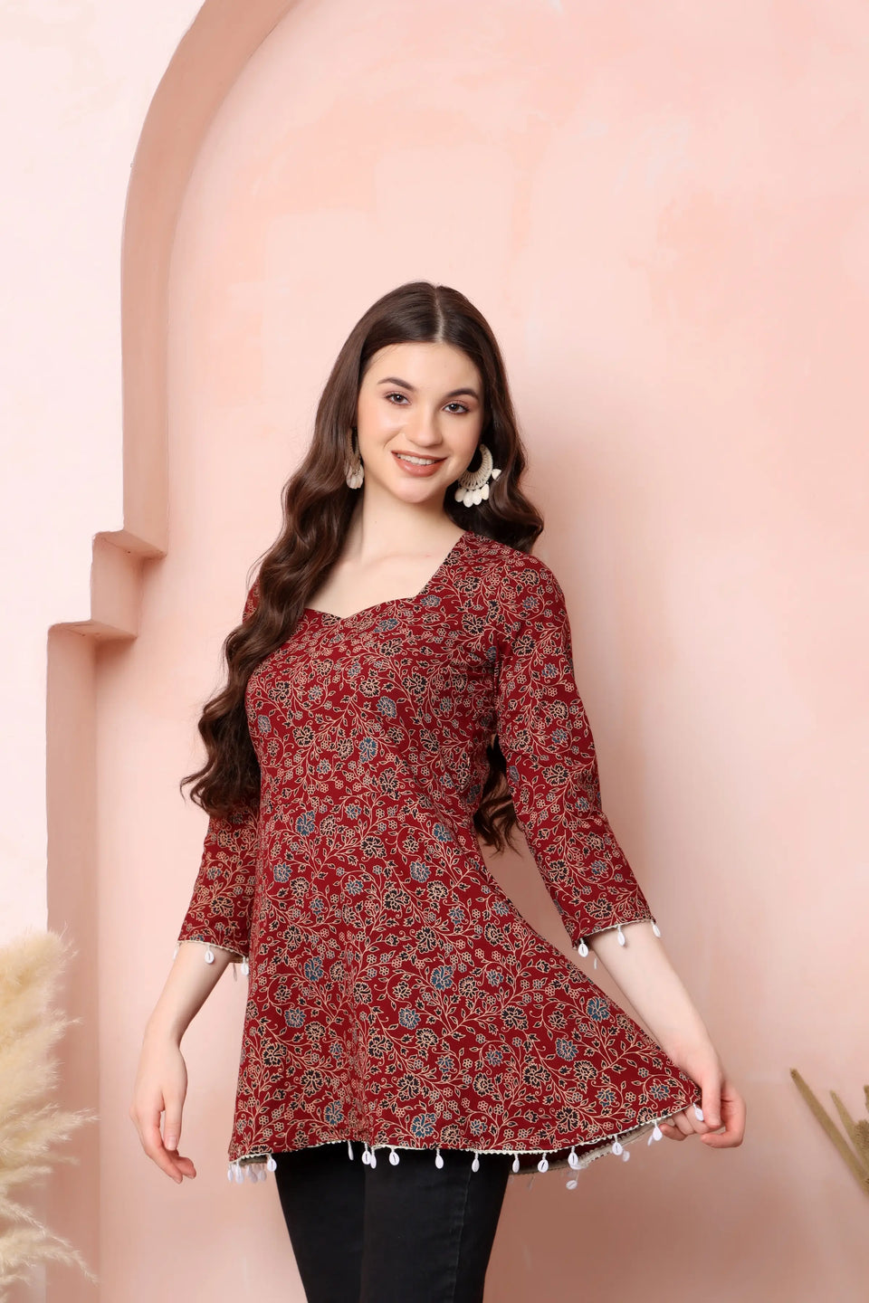 RABRIC maroon pure cotton floral short kurti for women side view with flared silhouette