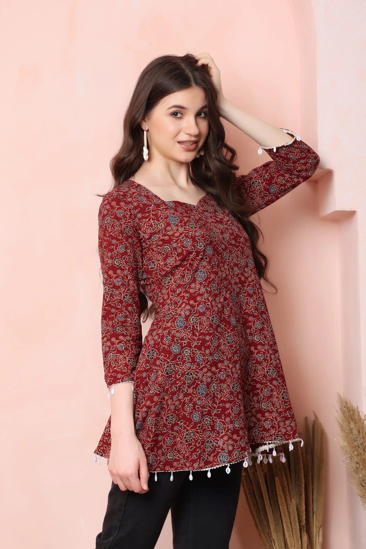 RABRIC maroon pure cotton floral short kurti close-up showing printed fabric and decorative trim