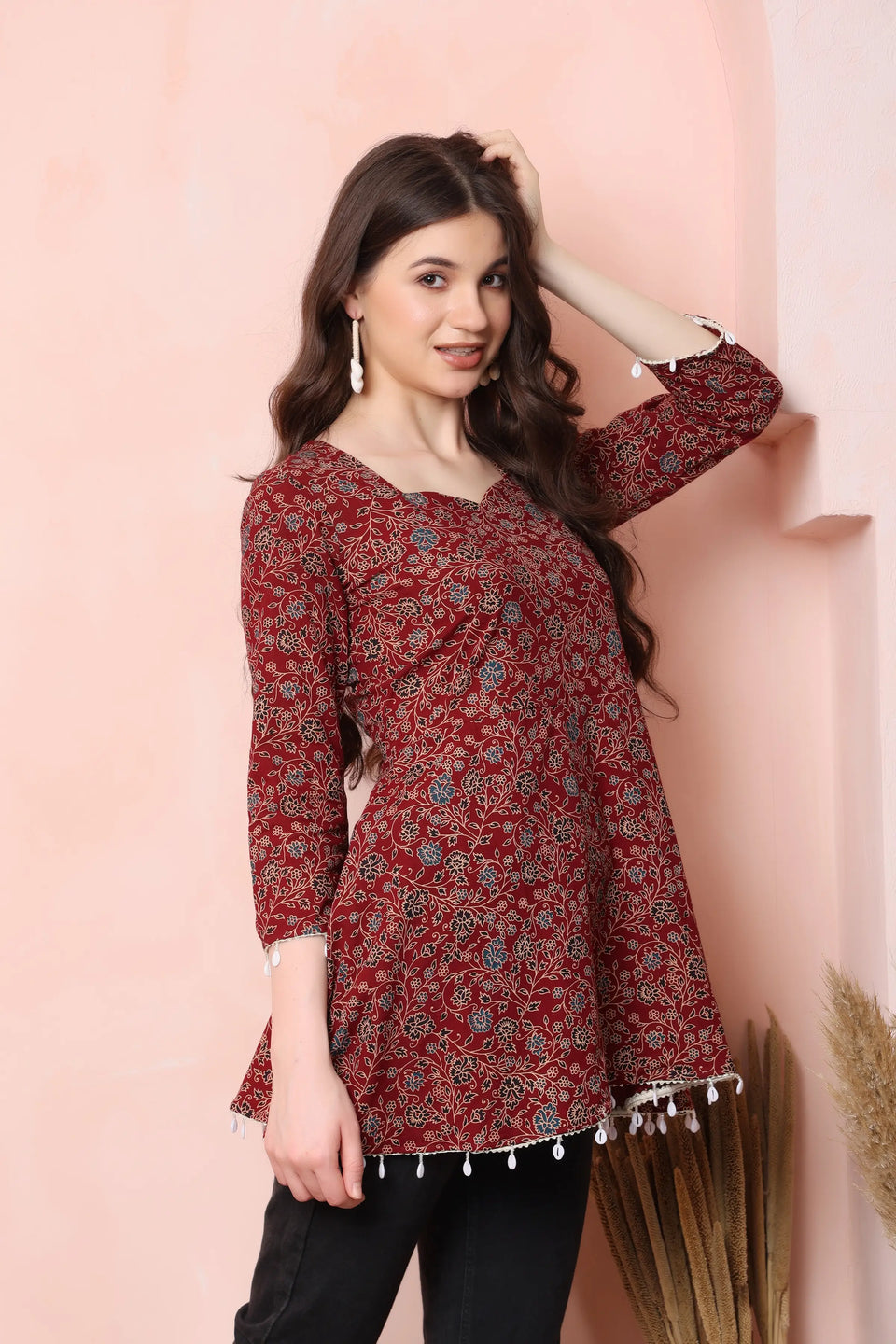 RABRIC maroon pure cotton floral short kurti close-up showing printed fabric and decorative trim