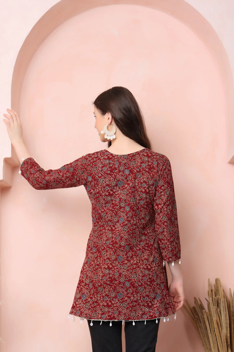 RABRIC maroon pure cotton floral printed short kurti for women back view