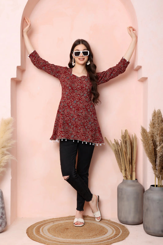 RABRIC maroon pure cotton floral printed short kurti for women front view with flared fit