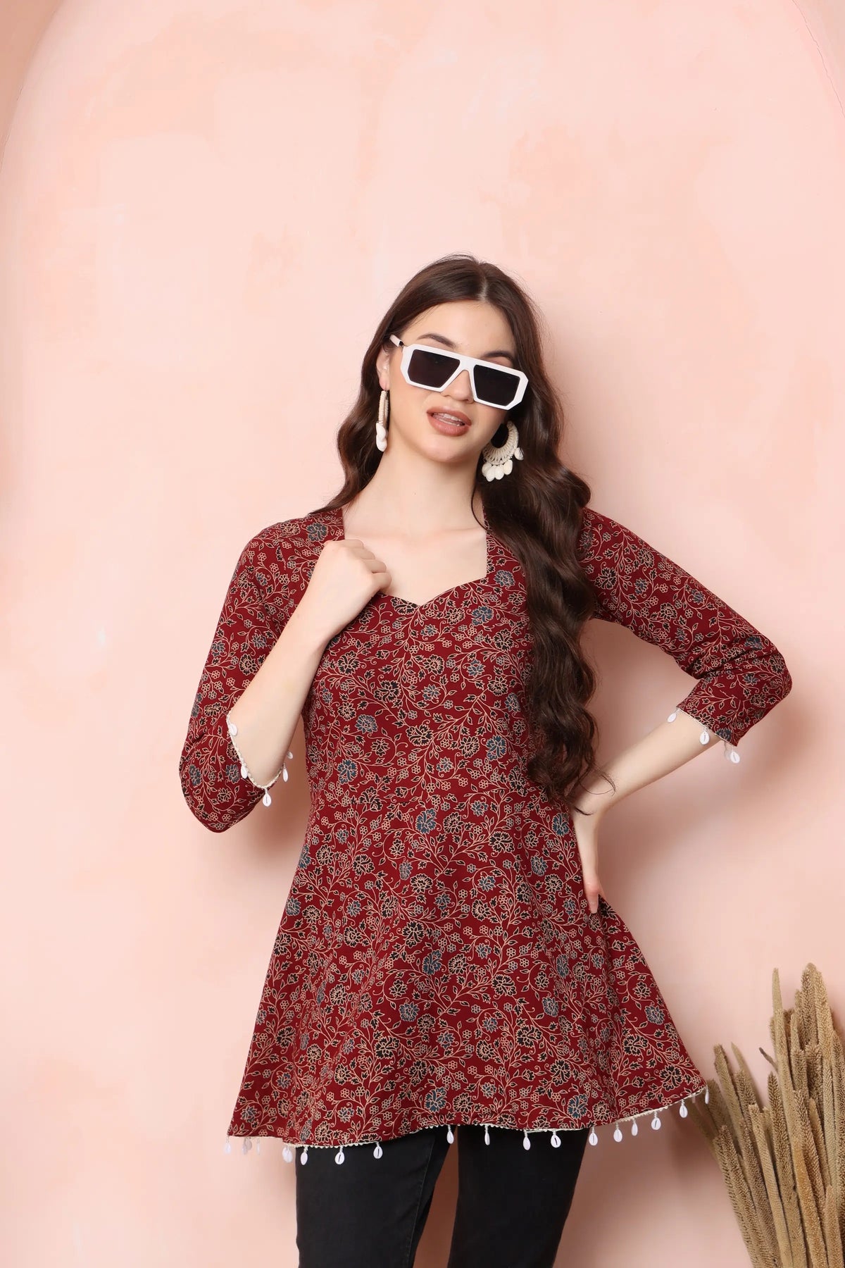 RABRIC maroon pure cotton floral short kurti styled for a casual everyday lifestyle look