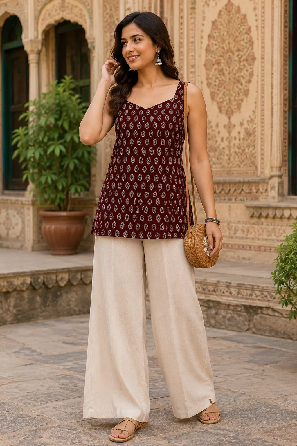 Rabric maroon pure cotton sleeveless short top for women with ethnic paisley leaf print, sweetheart neck and comfortable hip length design front view