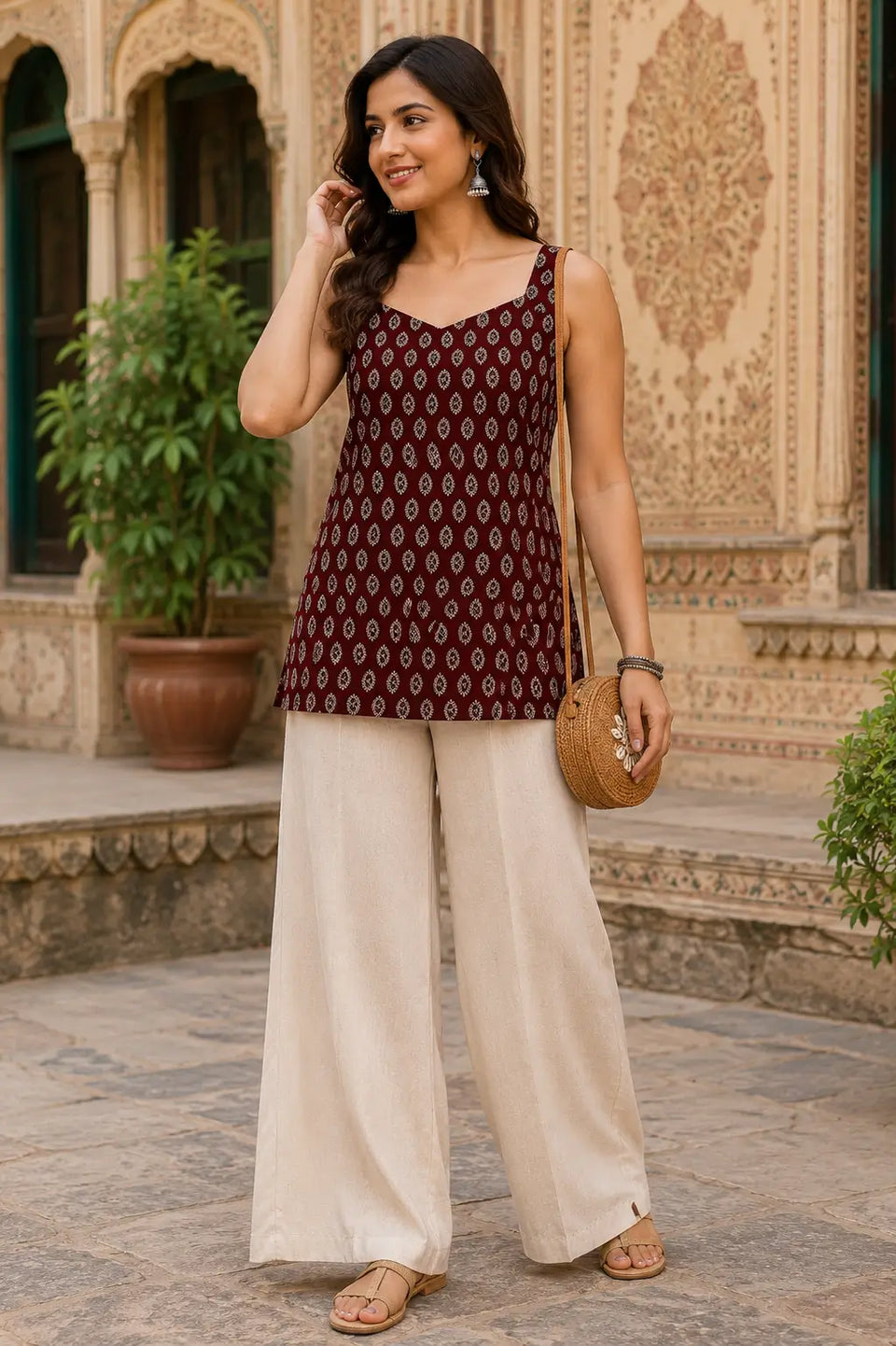 Rabric maroon pure cotton sleeveless short top for women with ethnic paisley leaf print, sweetheart neck and comfortable hip length design front view