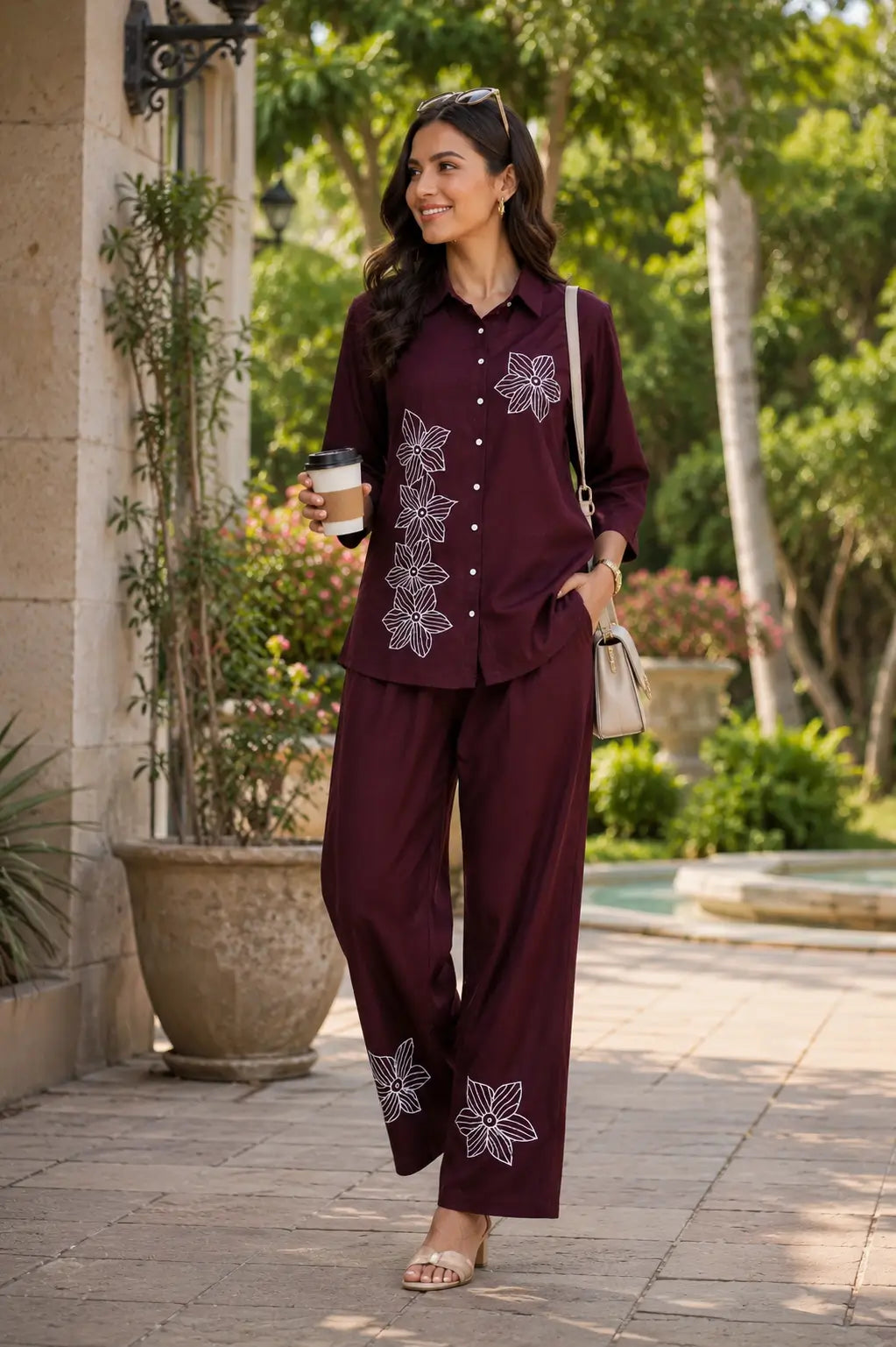 Rabric maroon rayon women co-ord set outdoor lifestyle look with white floral embroidery, short shirt and matching pants