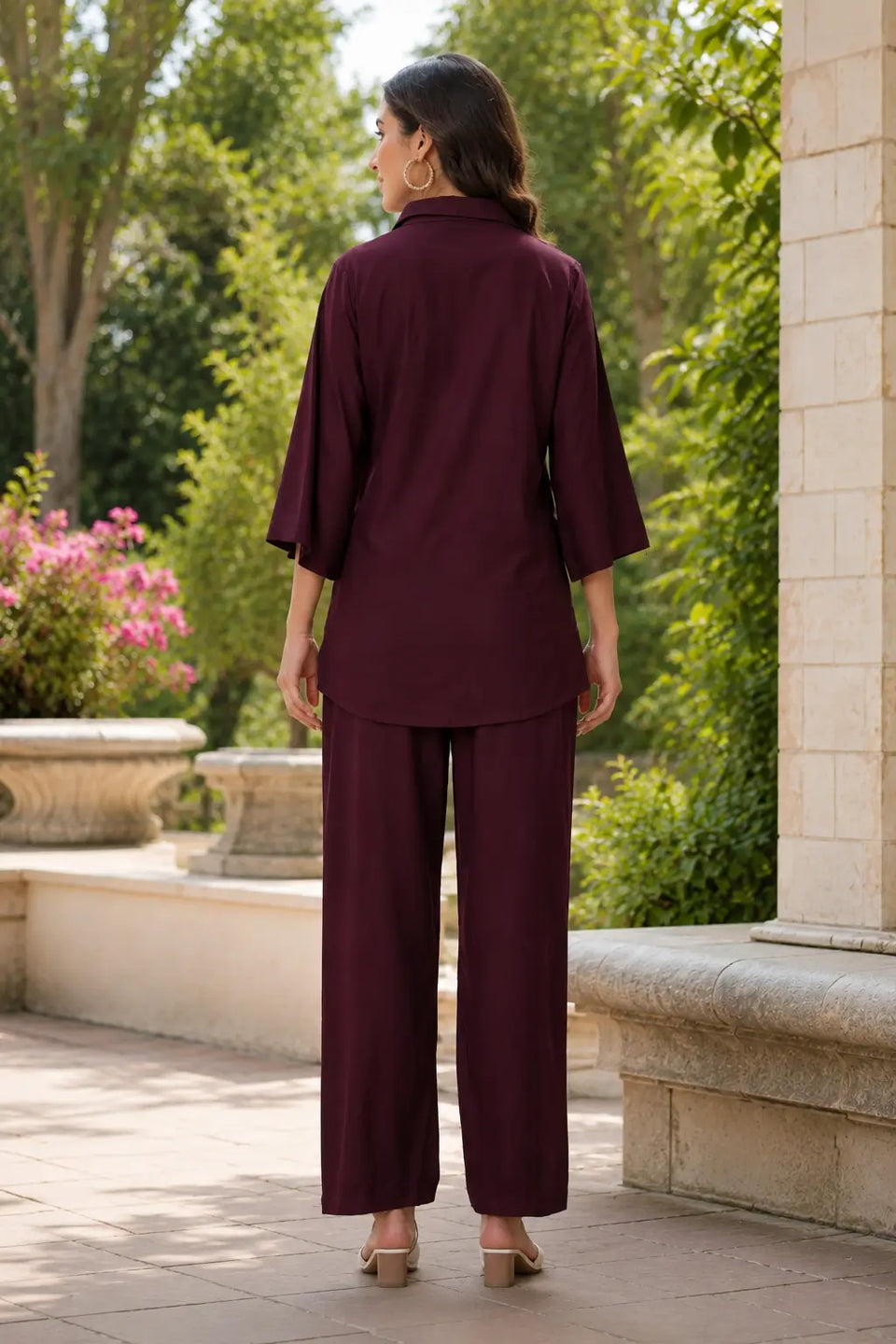Rabric maroon rayon women co-ord set back view featuring plain shirt back, 3/4 sleeves and relaxed matching pants