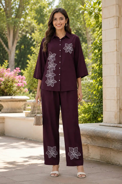 Rabric maroon rayon co-ord set for women with white floral embroidery, short shirt, 3/4 sleeves and matching pants front view