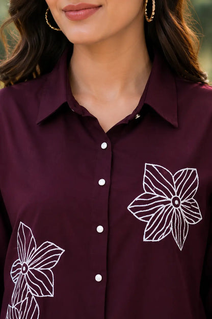 Close-up of Rabric maroon rayon co-ord set collar neck design with button-down shirt and white floral embroidery