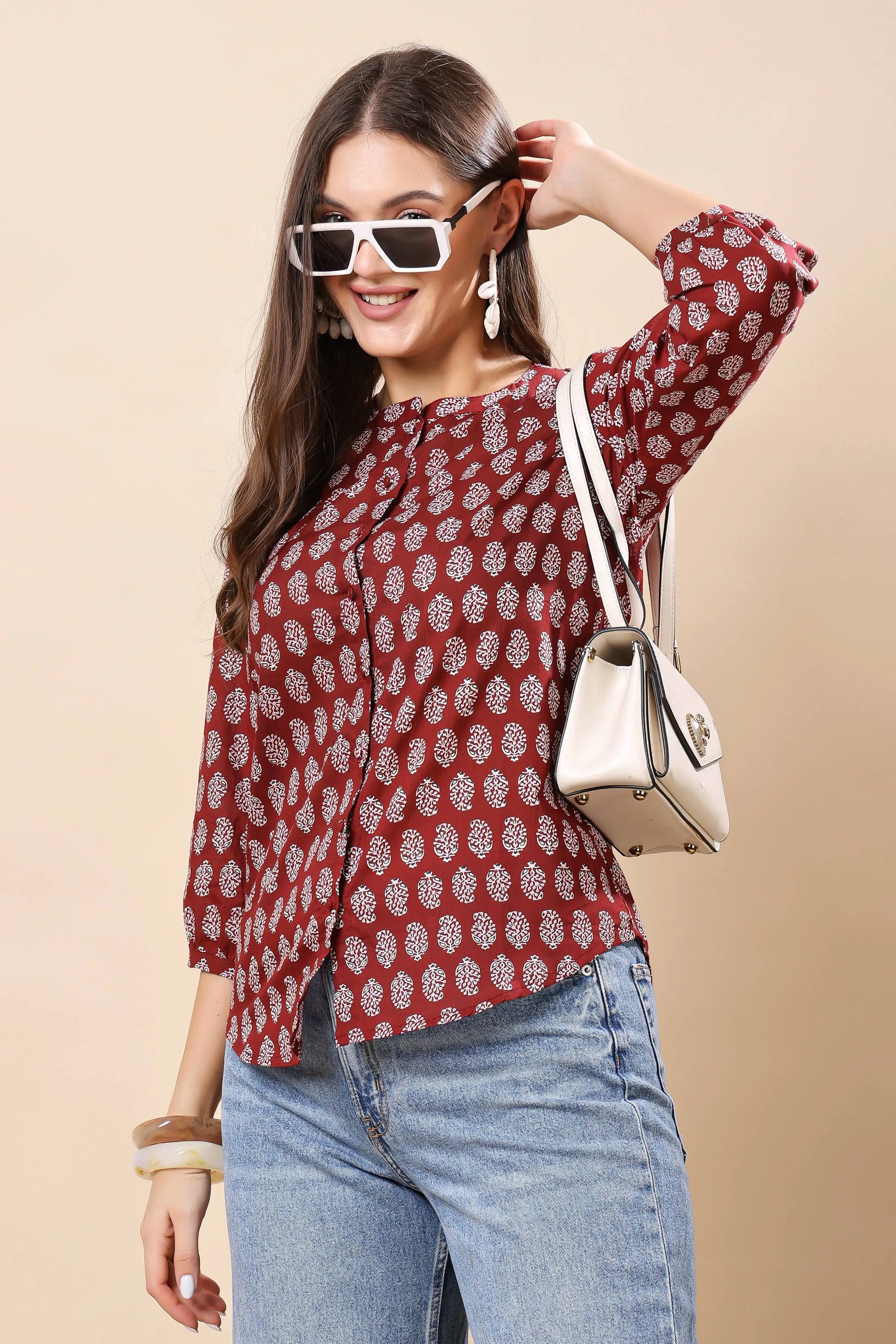 Buy Rabric Women’s Maroon Shirt-Style Short Top Online