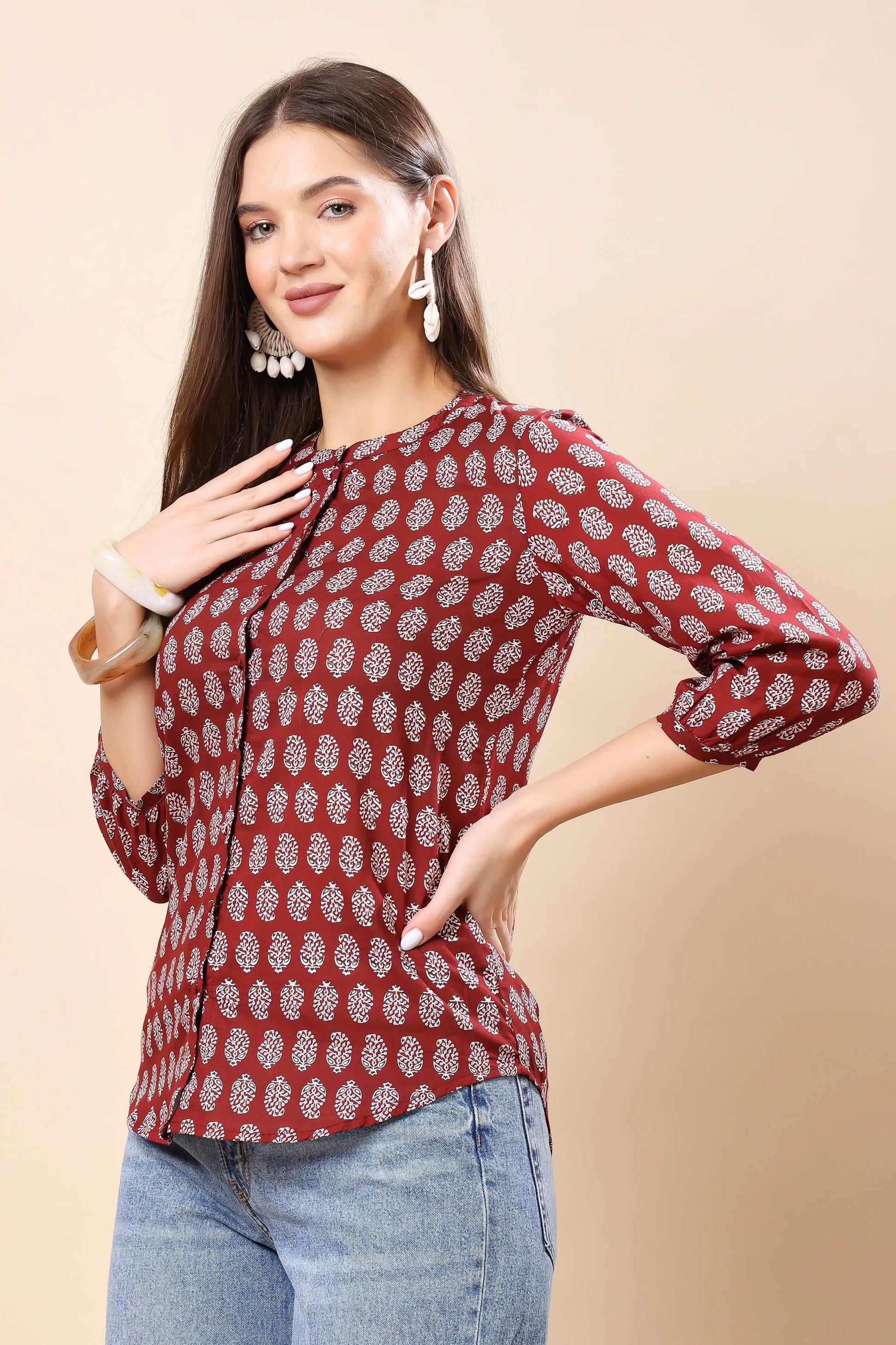Stylish Maroon Shirt-Style Short Top for Women – Side View