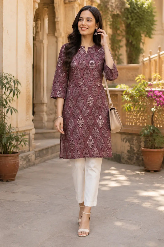 Rabric mauve cambric cotton casual ethnic kurti for women paired with stylish pants and accessories