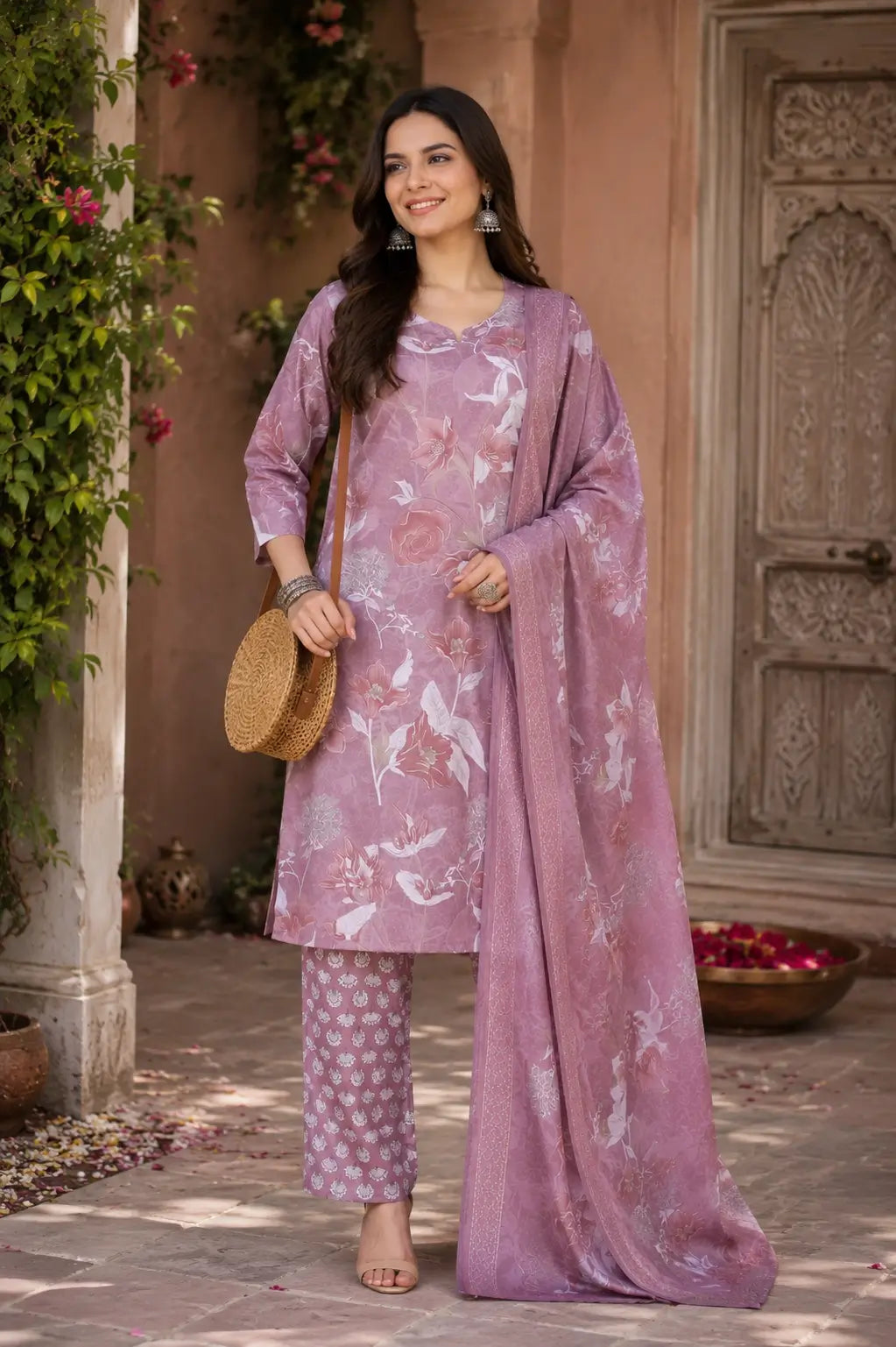 Woman wearing Rabric mauve cambric cotton floral kurta pant set with dupatta lifestyle ethnic fashion