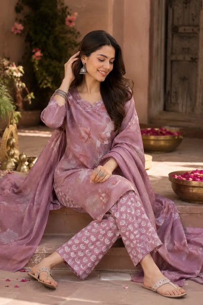 Rabric mauve floral cambric cotton kurta pant set with dupatta sitting pose ethnic wear for women
