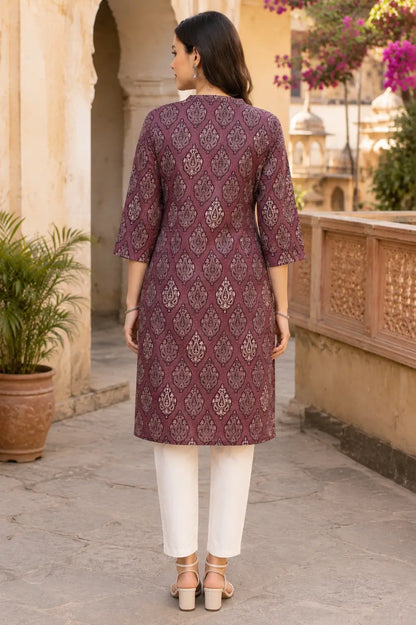 Back view of Rabric mauve cambric cotton women kurti with elegant paisley print and straight fit design