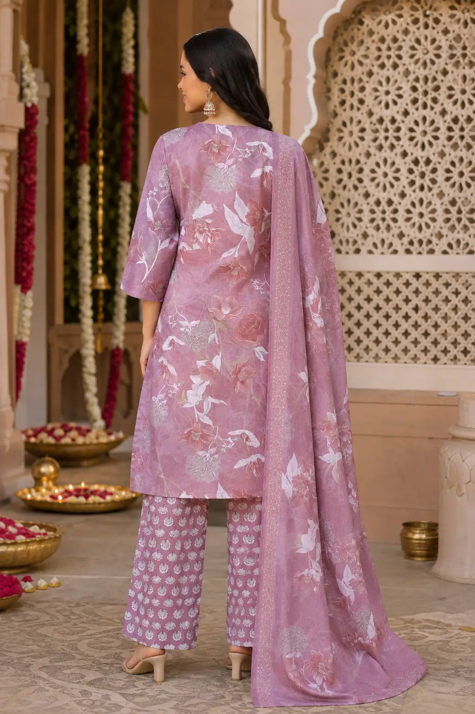 Back view of Rabric mauve cambric cotton floral printed kurta pant set with dupatta for women