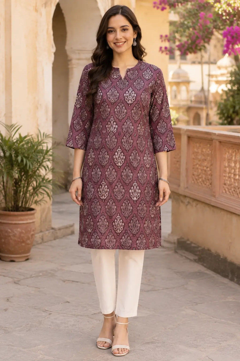 Rabric mauve cambric cotton printed women kurti front view with stylish neck and 3/4 sleeves for casual ethnic wear