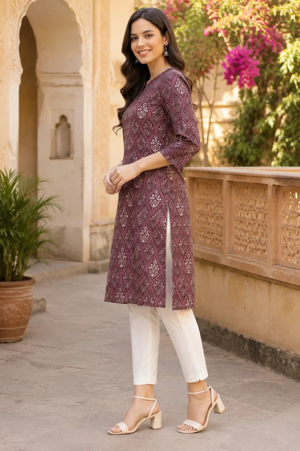 Side angle view of Rabric mauve cambric cotton kurti with side slit and 3/4 sleeves for women