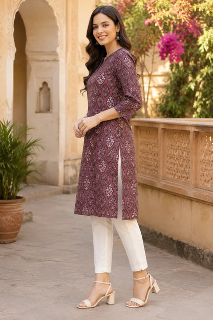 Side angle view of Rabric mauve cambric cotton kurti with side slit and 3/4 sleeves for women