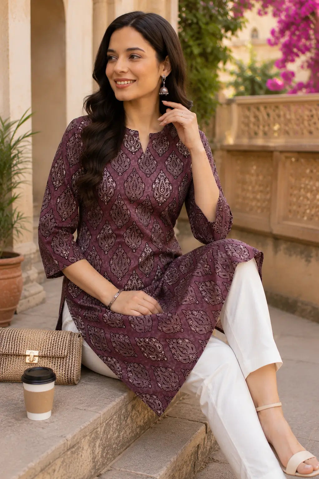 Lifestyle image of Rabric mauve cambric cotton women kurti with casual accessories and elegant ethnic styling