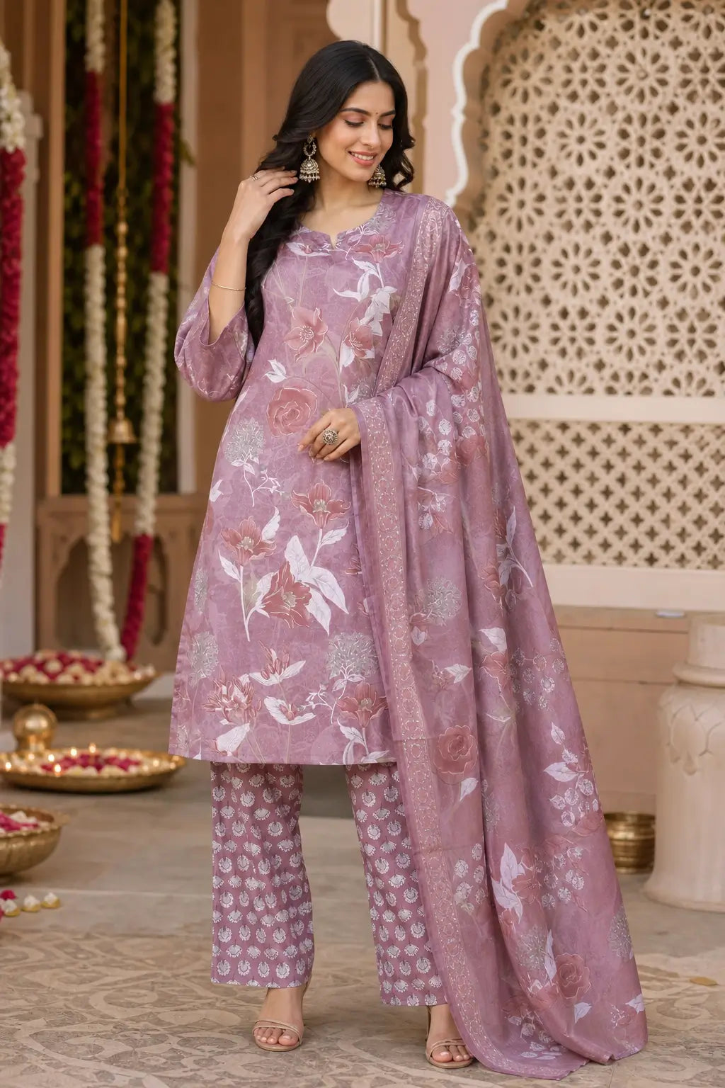 Rabric mauve pink cambric cotton floral kurta pant set with dupatta for women front view ethnic wear