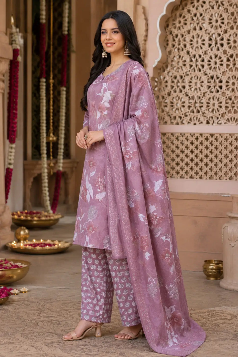 Side angle of Rabric mauve pink cambric cotton floral kurta pant dupatta set for women