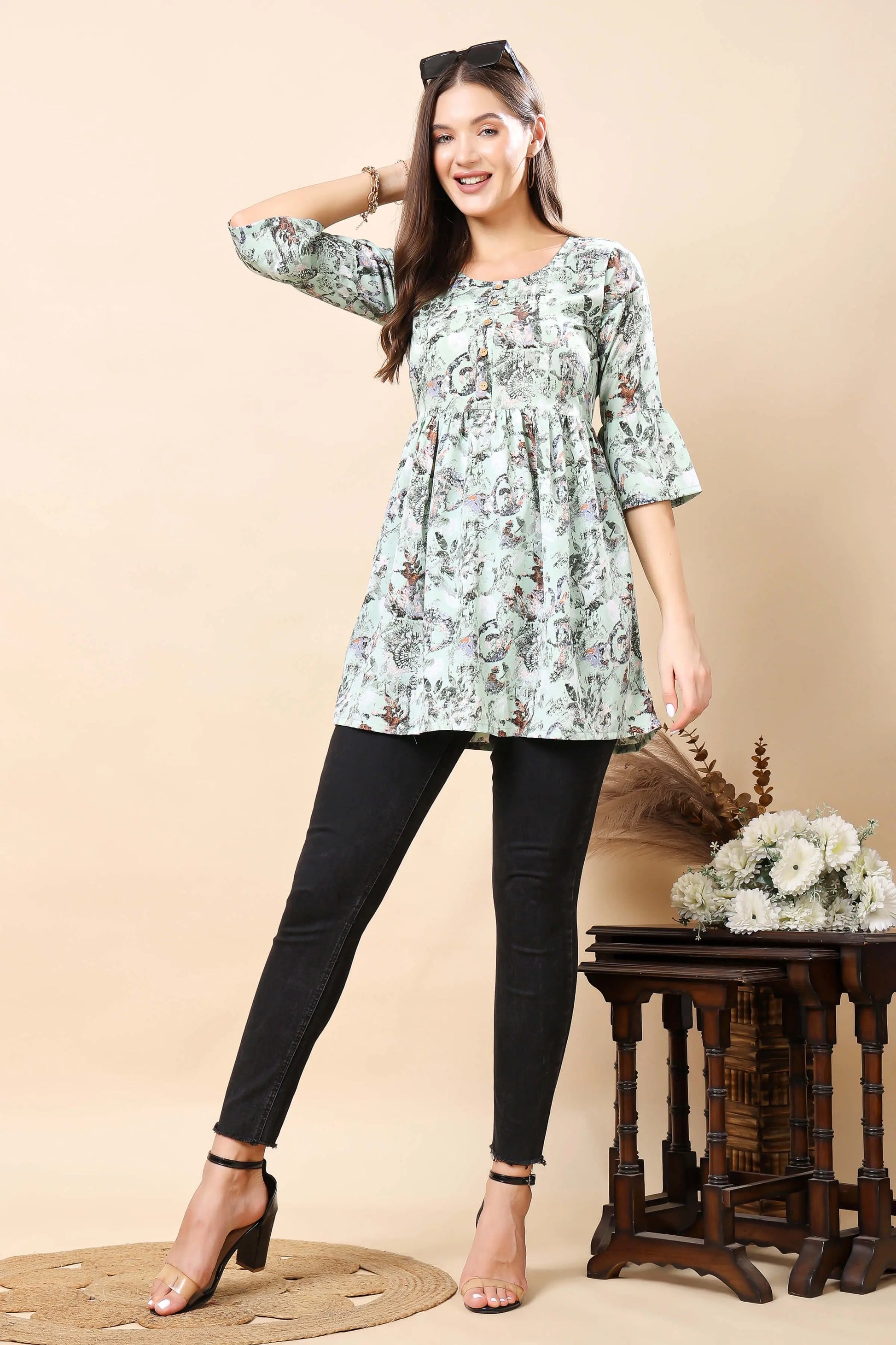 Model Wearing Mint Green Printed Short Kurti by Rabric