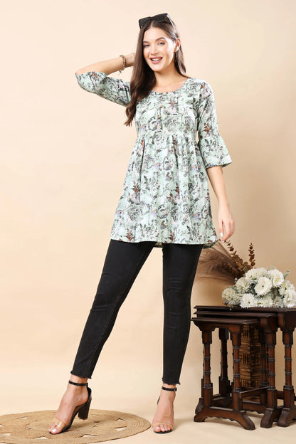Model Wearing Mint Green Printed Short Kurti by Rabric
