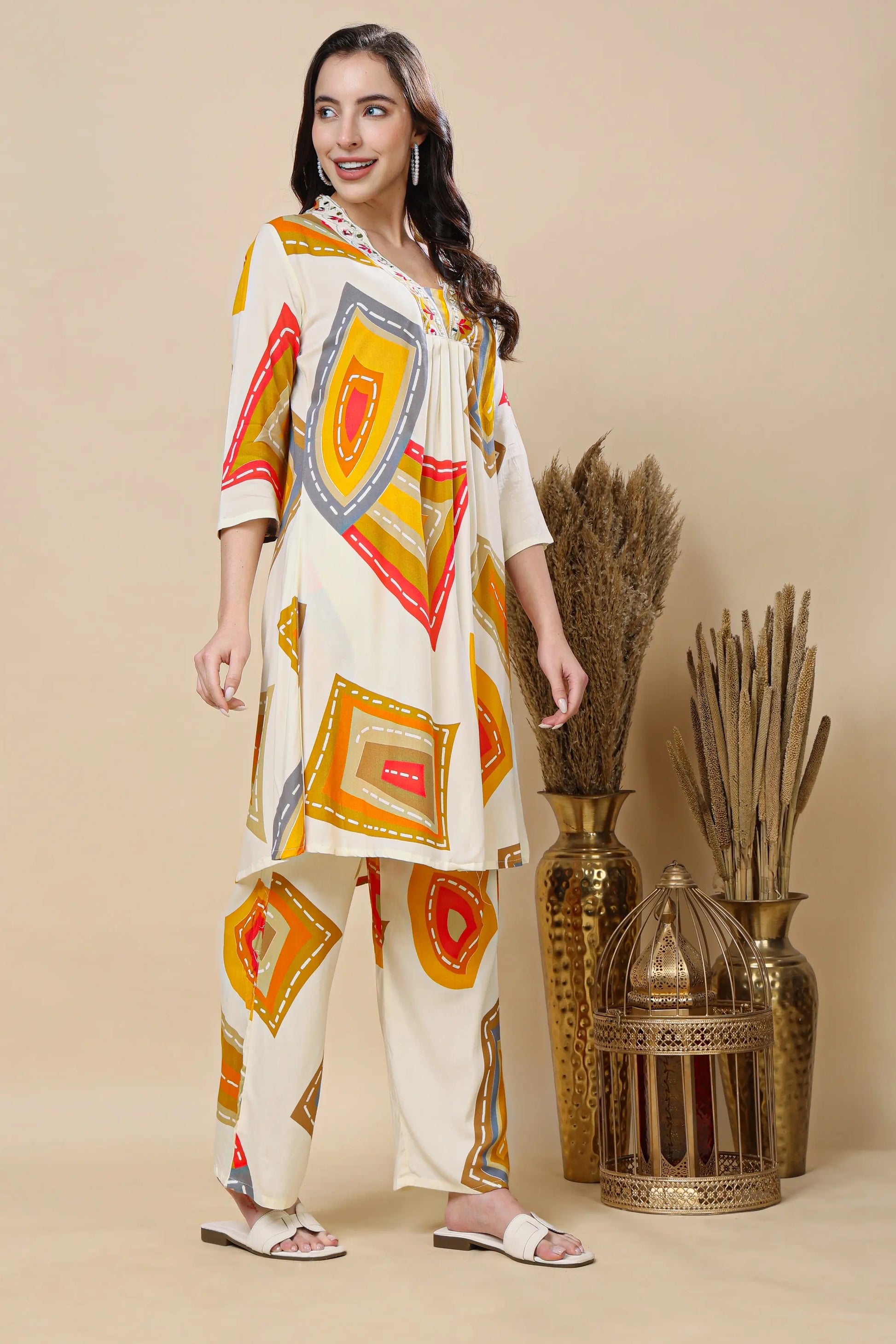 Women wearing RABRIC mul cotton printed co-ord set front view