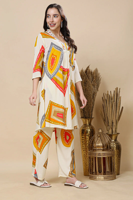 Women wearing RABRIC mul cotton printed co-ord set front view
